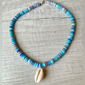 Blue and White Beaded Necklace with Shell Pendant | Choker |